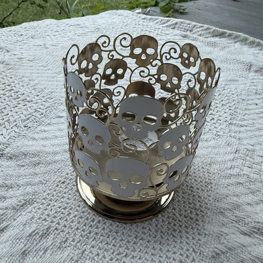 Bath & Body Works Halloween White Skulls Gold 3 Wick Candle Holder Sleeve Skulls - Picture 1 of 4
